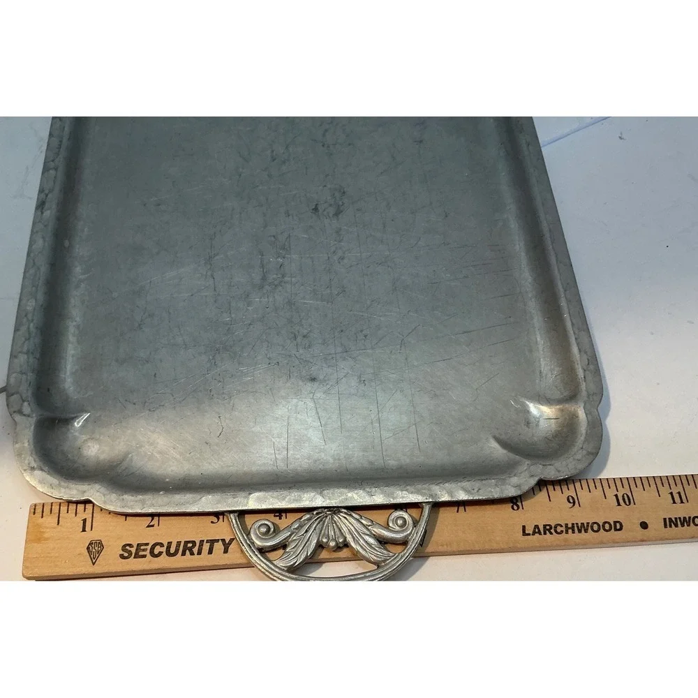 Argental Vintage Handwrought Aluminum Serving Tray Ornate Handles Silver Tone